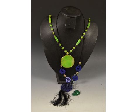 Jewellery - a Chinese carved blue stone and Cloisonne enamel pendant necklace; a similar stained quartz necklace; a malachite