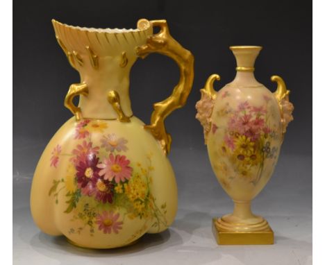 A Royal Worcester blush ivory jug, painted with colourful English flowers, the gilt handles modelled as a coral branch, pink 