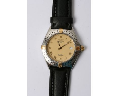 A Bretling  Midi Callisto medium size watch with 18ct gold outer quarter batons and winder the light yellow dial with date ap