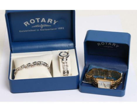 A gents Rotary gold tone watch and a ladies presentation watch with conforming bracelet . Both in original box and with paper