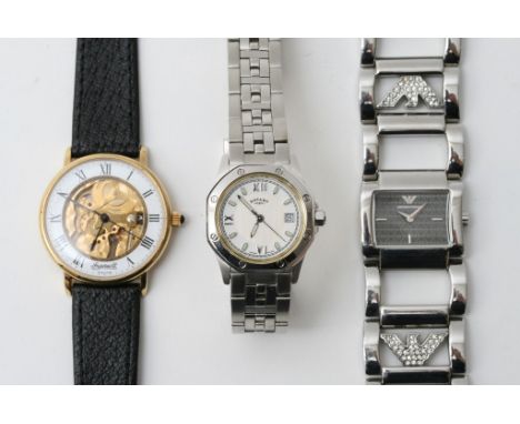 A ladies Rotary wrist watch in a fitted case, working, A gents Ingersoll watch (not working) and a ladies Armani watch, (3) 