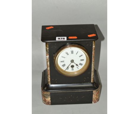 A VICTORIAN SLATE MANTEL CLOCK, brass band white enamel dial, marble detail to front corners and engraving to front, on a ste