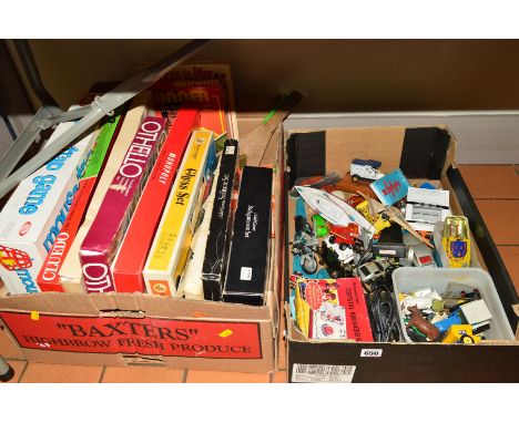 A QUANTITY OF ASSORTED TOYS AND GAMES, to include Dinky, Corgi, Matchbox and Rio diecast, Britains vehicles, animals and acce