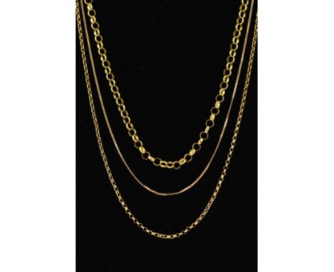 THREE 9CT GOLD CHAIN NECKLACES two of different sized belcher link design, one of serpentine link design, all with import mar