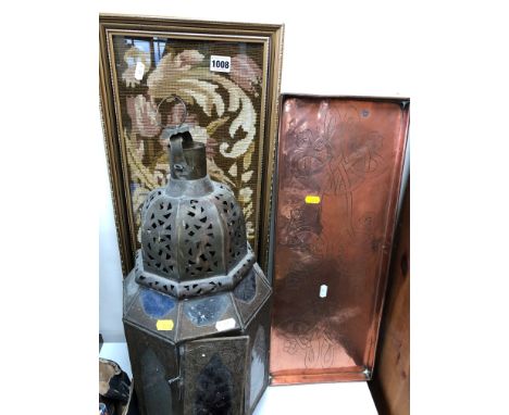 A FRAMED WOOLWORK PICTURE, a Moroccan style lamp and an&nbsp; Arts and Crafts style copper tray (3)