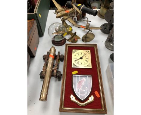 A COLLECTION OF BRASS AIRCRAFT MODELS, two model canons and a Royal Engineers commemorative clock (7)
