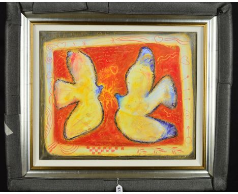 YVES CASS (FRENCH 1947), 'AU SOLEIL DE L'AMOUR', a limited edition print 28/250 of  pair of stylised doves, print on canvas, 