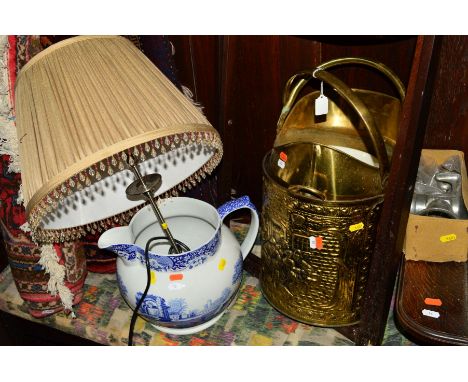 TWO BRASS COAL BUCKETS, a Spode blue and white jug, etc (5)