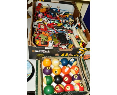 A QUANTITY OF ASSORTED PLAYWORN DIECAST VEHICLES, to include Dinky, Corgi, Matchbox, Majorette, etc, with a boxed set of pool