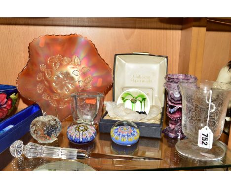 NINE PIECES OF GLASSWARES to include Baccarat footed glass with acid etched decoration, height 12.5cm, boxed Caithness 'May D