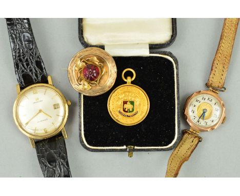 TWO WATCHES, A BROOCH AND A MEDAL, the 9ct gold medal for Coventry Works Bowling League with enamel central detail and person