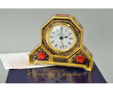 A BOXED ROYAL CROWN DERBY OLD IMARI DESK CLOCK, '1128' gold banded pattern, height 10.5cm (glass cracked)