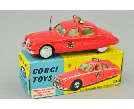 A BOXED CORGI TOYS JAGUAR 2.4 FIRE SERVICE CAR, No.213S, appears complete and in very lightly playworn condition, has had a s