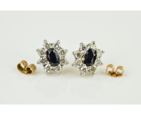 A MODERN PAIR OF 9CT GOLD SAPPHIRE AND CUBIC ZIRCONIA OVAL STUD EARRINGS, hallmarked 9ct gold, Birmingham, approximate gross 