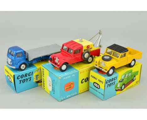 THREE BOXED CORGI TOYS, Land-Rover, No.406, version with yellow body and black roof has had a set of stick on wheel trims add