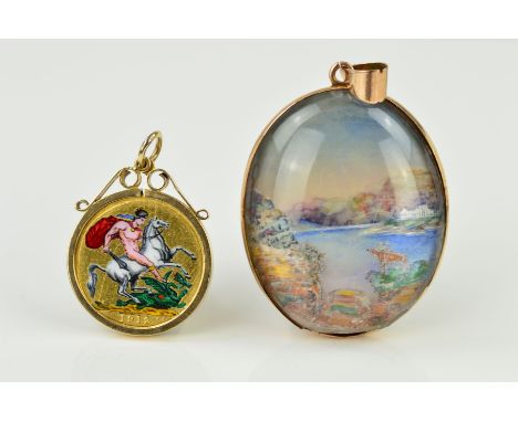TWO PENDANTS, the first a George V 1912 sovereign with enamel detail to the reverse, within a scrolling 9ct gold mount, with 