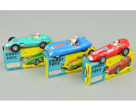 THREE BOXED CORGI TOYS RACING CAR MODELS, Vanwall F1 Grand Prix, No.150s, Lotus Mark Eleven, Le Mans Car, No.151A and B.R.M. 