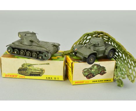 A BOXED FRENCH DINKY TOYS DAIMLER ARMOURED CAR, No.676, complete with aerial and camouflage net, with a boxed AMX 13T Tank, N