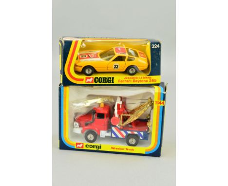 A BOXED CORGI TOYS BERLIET WRECKER TRUCK, No.1144, appears complete, with a boxed Corgi Ferrari Daytona 365 J.C.B./Corgi Le M