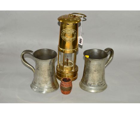 AN E. THOMAS &amp; WILLIAMS OF ABERDARE CAMBRIAN MINERS LAMP, No.27191, two pewter tankards and a small wooden barrel with pl