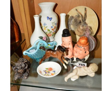 A SMALL GROUP OF ORNAMENTS, etc to include Beswick 'Laurel &amp; Hardy' cruet set, Beswick Foal, Nao cherub, Aynsley 'Cottage