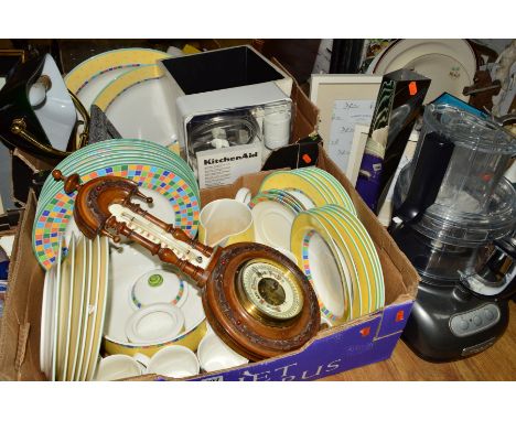 TWO BOXES AND LOOSE CERAMICS, BAROMETER, DESK LAMP, etc to include 'Villeroy &amp; Boch' dinnerware, a Kitchen Aid food mixer