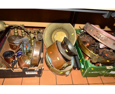 TWO BOXES AND LOOSE METALWARES, LIGHT FITTINGS ETC, to include candlesticks, table lamp, cloisonne covered pot, copper measur