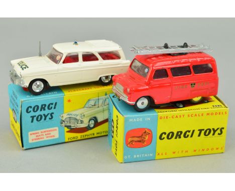 A BOXED CORGI TOYS FORD ZEPHYR POLICE MOTORWAY PATROL CAR, No.419, with a boxed Corgi Toys Bedford CA 'Utilecon' Fire Tender,