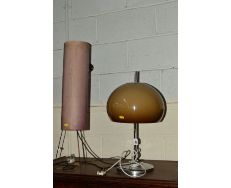 A 1960'S/70'S GUZZINI STYLE LAMP with mushroom colour shade and a sputnik style rocket lamp on a triple metal legs (sd) (2)