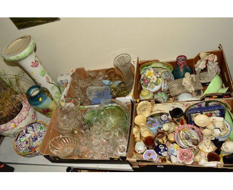 FOUR BOXES AND LOOSE CERAMICS, GLASSWARES etc to include jardiniere and stand, Carltonware footed bowl, etc