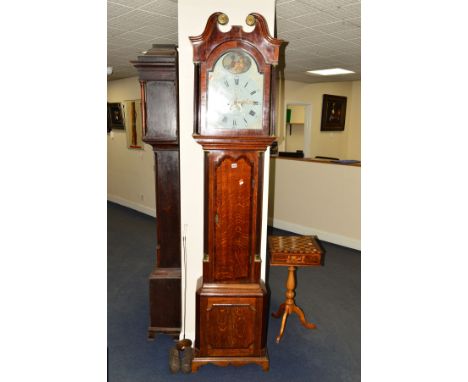 A GEORGE III OAK AND MAHOGANY BANDED EIGHT DAY LONGCASE CLOCK, the hood with swan neck pediment and flanked with turned colum