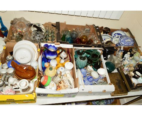 SEVEN BOXES AND LOOSE SUNDRIES, CERAMICS, GLASS, KITCHEN ITEMS ETC, to include Blue Mountain Pottery Canada teawares, distres