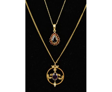 TWO GEM SET PENDANTS to include a modern 9ct gold garnet tear drop cluster shape pendant measuring approximately 20mm in heig