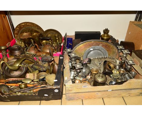 FOUR BOXES OF METALWARE, etc, to include horse brasses, oil lamp base, candelabras, trays, hollowares, blow torches, candlest