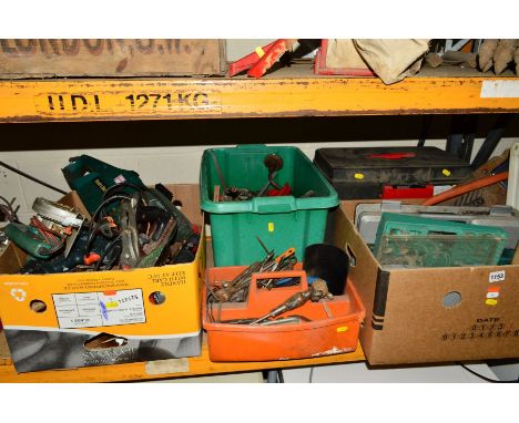 FOUR BOXES OF VARIOUS TOOLS AND A PLASTIC TOOL BOX, together with a Black and Decker electric mini chainsaw, two drills and a