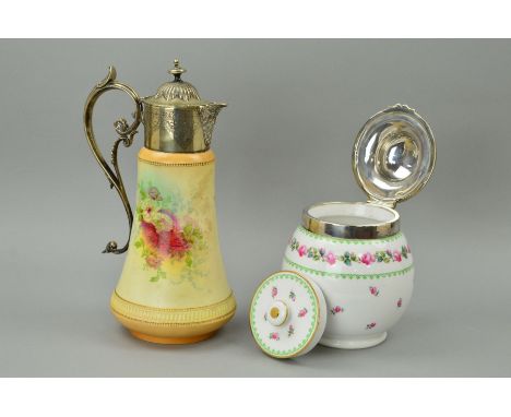 A ROYAL DEVON CLARET JUG WITH PLATED TOP, approximate height 28cm and a Spode Copelands china tea/tobacco cannister with chin