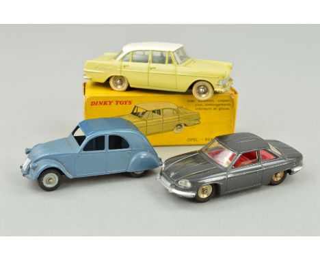 A BOXED FRENCH DINKY TOYS OPEL RECKORD, No.554, with unboxed French Dinky Panhard 24CT, No.524 and Citroen 2CV, No.535, all m