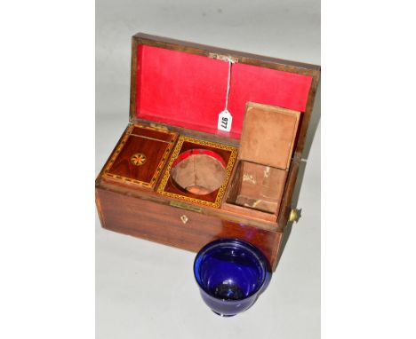 A MAHOGANY GEORGIAN TEA CADDY, stringing and inlay to front and lid, mother of pearl escutcheon (no key), interior has two li