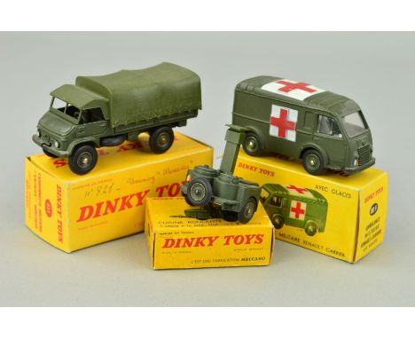THREE BOXED FRENCH DINKY TOYS MILITARY VEHICLES, Renault-Carrier Military Ambulance, No.80F version with concave hubs and gla