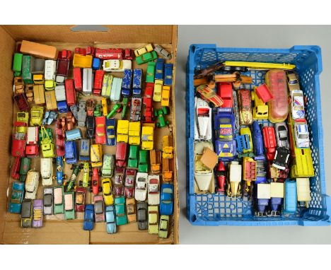 A QUANTITY OF UNBOXED AND ASSORTED PLAYWORN DIECAST AND PLASTIC VEHICLES, to include Matchbox Commer Milk Float, No.21, bottl
