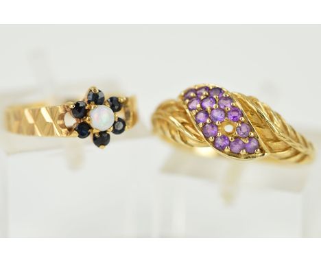 TWO MODERN 9CT GOLD DRESS RINGS to include an amethyst (one stone deficient) and opal and sapphire cluster, both rings hallma