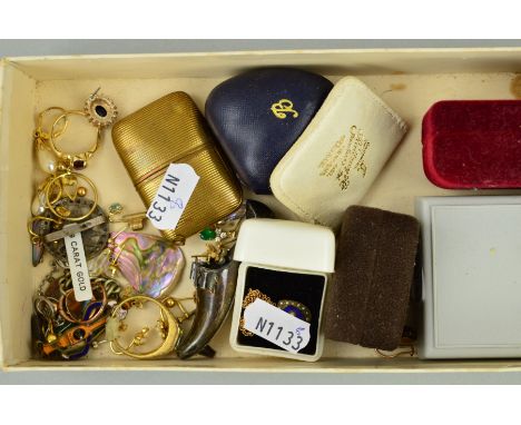 A SELECTION OF MAINLY JEWELLERY to include a broken late Victorian heart memorial pendant with blue enamel centre and split p