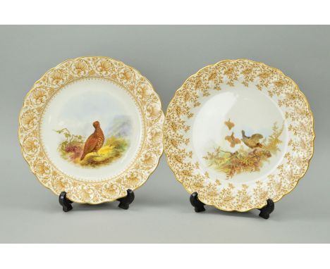 TWO ROYAL WORCESTER VITREOUS CABINET PLATES, Grouse design, brown factory mark and Rd No164677 and Rd No140006, approximate d