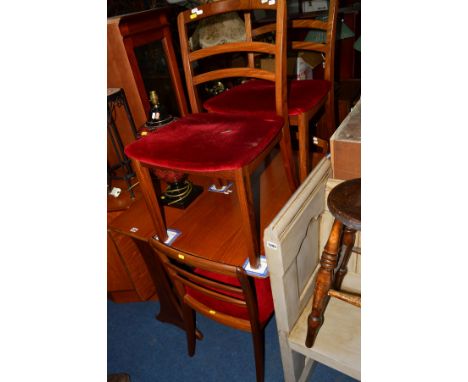 A G PLAN TEAK DROP LEAF DINING TABLE, four ladder back chairs and a matching sideboard with canted corners and three central 