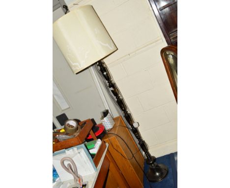 A METAL FRAMED JAPANESE STYLE STANDARD LAMP with a cylindrical shade, height 183cm