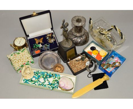 A BOX OF MISCELLANEOUS JEWELLERY etc to include a Norwegian green guilloche enamel flower brooch by Ivar T Holth, a silver as