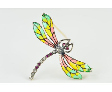 A PLIQUE-A-JOUR AND GEM DRAGONFLY BROOCH/PENDANT, the green, yellow and red plique-a-jour enamel wings with ruby and diamond 