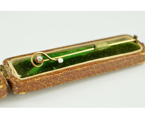 A VICTORIAN DIAMOND AND PEARL STICK PIN, estimated old European cut diamond 0.05ct, in original leather fitted case, approxim