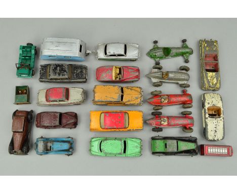 A QUANTITY OF UNBOXED AND ASSORTED PLAYWORN DINKY TOYS CARS, to include 24 series cars, racing cars and a Timpo Toys American