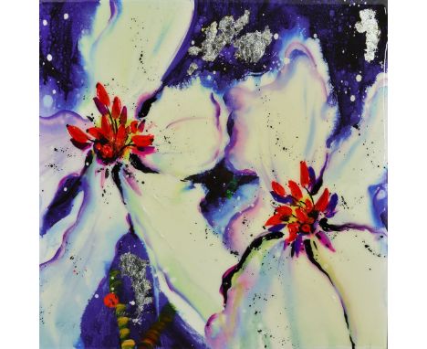DANIELLE O'CONNOR AKIYAMA (CANADIAN 1957) 'FIRE AND ICE II', a limited edition box canvas print of stylised flowers, 45/75, s